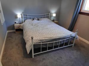 1 cama en un dormitorio con 2 lámparas y una ventana en Lovely 2BD Flat in picturesque Limekilns Fife en Limekilns