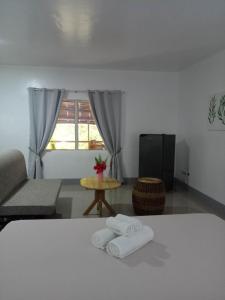 um quarto com uma cama, um sofá e uma televisão em Skott's Comfy Lodge em Ilha de Bantayan