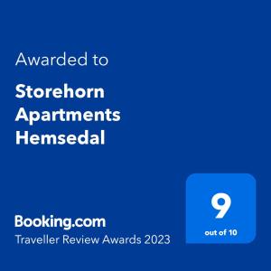 Сертификат, награда, вывеска или другой документ, выставленный в Storehorn Apartments Hemsedal