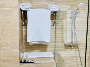 een douche met een witte handdoek op een glazen deur bij Hotel Bliss in Roman