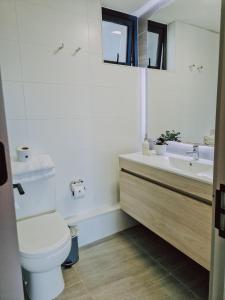 a bathroom with a toilet and a sink and a mirror at Departamento en Costas de Montemar, a pasos de la playa, con Vista al Mar, Piscina y GYM in Valparaíso