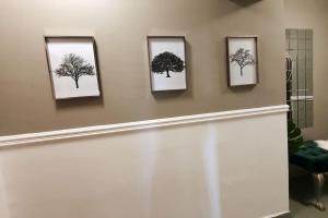 trois dessins encadrés d'arbres sur un mur dans l'établissement Central station apartment, best location in Skopje, à Skopje 21 autres photos