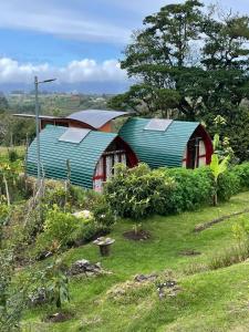 a house with a green roof on top of a field at Glamping Campo Alegre in Cartago