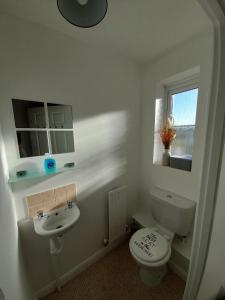 a white bathroom with a toilet and a sink at Comfort, peace and quiet guaranteed in this 3 bed in West Auckland
