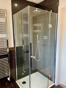 a shower with a glass enclosure in a bathroom at Luxurious Lakefront Home with Pool/Spa Access in Cirencester