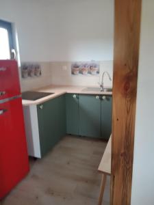 La cuisine est équipée d'armoires vertes et d'un réfrigérateur rouge. dans l'établissement Domek nad Wisłą, 