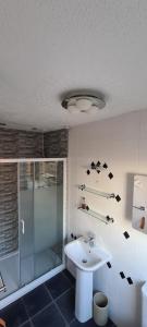 a bathroom with a white sink and a shower at Lowefield B&B in Plean
