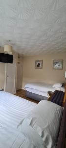 a bedroom with two beds and a white ceiling at Lowefield B&B in Plean