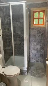 baño con aseo y ducha y ventana en Cabañas Rukafun 2, en Pucón