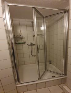 ブラウンラーゲにあるEulennest EG-UG und Mäusenest OGのバスルーム(ガラスドア付きのシャワー付)