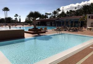 een groot zwembad in een resort met palmbomen bij Fabulous upper floor sea view in San Agustin