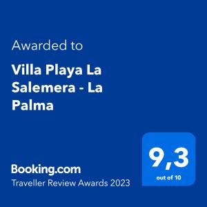 Sertifikatas, apdovanojimas, ženklas ar kitas apgyvendinimo įstaigoje Villa Playa La Salemera - La Palma matomas dokumentas