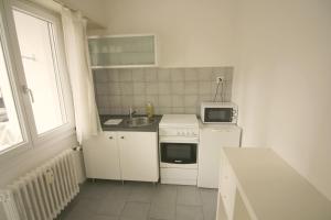uma pequena cozinha com um lavatório e um micro-ondas em Swiss Star Basel Schweizergasse - Self Check-In em Basileia