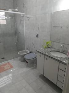 a bathroom with a toilet and a sink and a shower at Casa no Centro de Serra Negra in Serra Negra