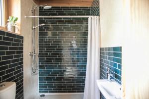 a bathroom with a shower and a black tile wall at Eco lodge Carbonaccio in Chiatra