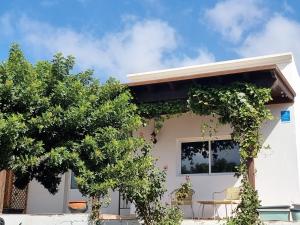 a white house with a table and trees at Casa Abubilla in Nazaret