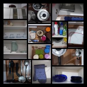 un collage de fotos de un refrigerador abierto en Apto completo no centro 2qtos - Residencial Ponta Verde., en Caldas Novas