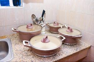 four pots on a counter in a kitchen with a sink at The porch garden Estate 1 bedrm in Nairobi