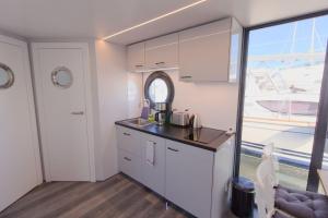 Küche/Küchenzeile in der Unterkunft Hausboot Fjord Lacerta mit Dachterrasse in Wendtorf