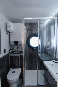 a bathroom with a toilet and a shower and a sink at Hausboot Fjord Lacerta mit Dachterrasse in Wendtorf in Wendtorf