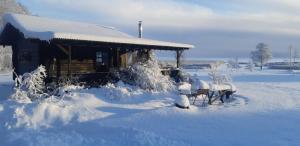 ein schneebedecktes Haus mit Schafen davor in der Unterkunft Saulepa Cottage in Saulepa