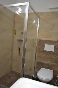 a bathroom with a shower with a toilet at Tri kopy*** - penzión, reštaurácia a pizza in Smrečany