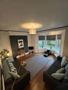 a living room with two couches and a fireplace at Town House A in West House Mews in Dunston