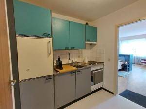 a kitchen with green cabinets and a sink at Erli 13 in Leukerbad