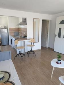 sala de estar con cocina, mesa y sillas en Studio refait à neuf Ave St Maurice, en Palavas-les-Flots