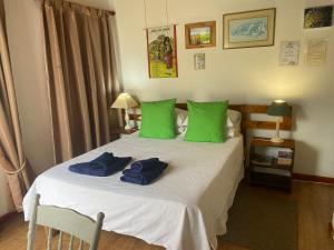 - une chambre avec un lit blanc et des oreillers verts dans l'établissement Annie's Hideaway, à Tulbagh