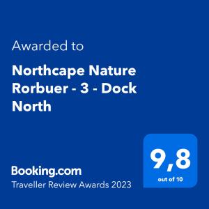Certifikat, nagrada, logo ili neki drugi dokument izložen u objektu Northcape Nature Rorbuer - 1 - Dock South