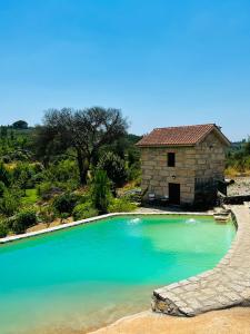 uma grande piscina de água azul ao lado de um edifício em Quinta da Lua Nova em Travancinha