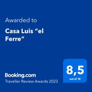 Certifikát, ocenenie alebo iný dokument vystavený v ubytovaní Casa Luis “el Ferre”
