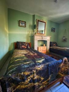 a bedroom with a bed with a mirror and a fireplace at Maison Maissin in Paliseul