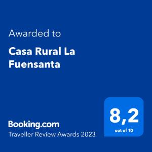 Ett certifikat, pris eller annat dokument som visas upp på Casa Rural La Fuensanta