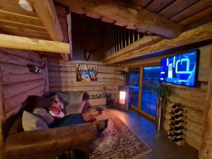 ein Wohnzimmer mit einem Sofa und einem Flachbild-TV in der Unterkunft Naturstammhaus in Seltenheim