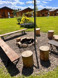 um parque com uma mesa de piquenique e alguns troncos em Domki całoroczne U Iwony em Kudowa-Zdrój