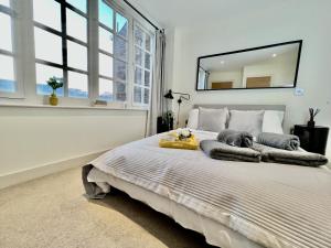 a bedroom with a large bed with a mirror on the wall at City Centre Luxury Leicester Apartment in Leicester