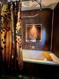 a bath tub in a bathroom with a shower curtain at Gamelin in Llangollen