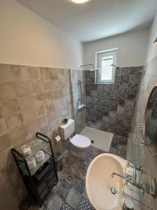 a bathroom with a toilet and a sink at Blue Art Apartment in Sveti Juraj +46 photos