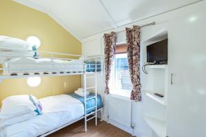a bedroom with two bunk beds and a tv at Squirrel Lodge 41 with Hot Tub in Newton Stewart