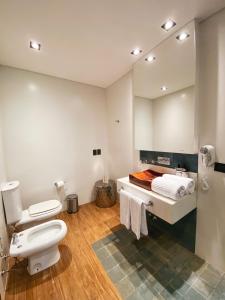 a bathroom with a toilet and a sink and a mirror at Selvaje Lodge Iguazu in Puerto Iguazú