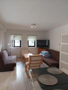 ein Wohnzimmer mit einem Sofa und einem Tisch in der Unterkunft Willa Arte in Karpacz