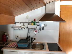 eine kleine Küche mit einer Spüle und einem Herd in der Unterkunft Becca Miedzo appartement in Le Châble