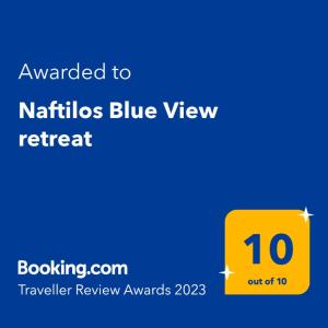 Certifikat, nagrada, logo ili neki drugi dokument izložen u objektu Naftilos Blue View retreat