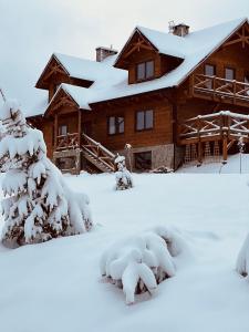 a log cabin in the snow with snow covered trees at Malinowa Chata in Cisna