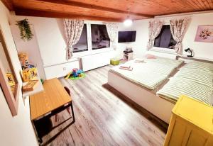 1 dormitorio con 1 cama grande y 2 ventanas en Hermina Family Apartment Tatras, en Ždiar