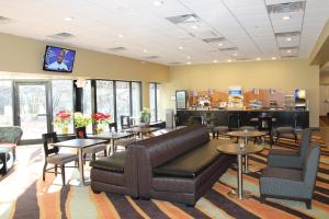 a restaurant with tables and couches and a tv at Holiday Inn Express Princeton Southeast, an IHG Hotel in Plainsboro