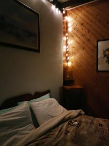 1 dormitorio con 1 cama con luces en la pared en Room in Casa Castiglia a Woodhouse with Beautiful View close Madonie Park, en Castelbuono