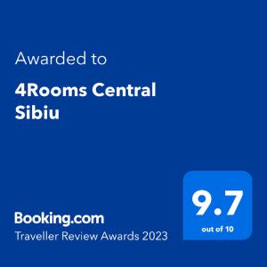 a blue screen with the text awarded to rooms central slulu at 4Rooms Central Sibiu in Sibiu